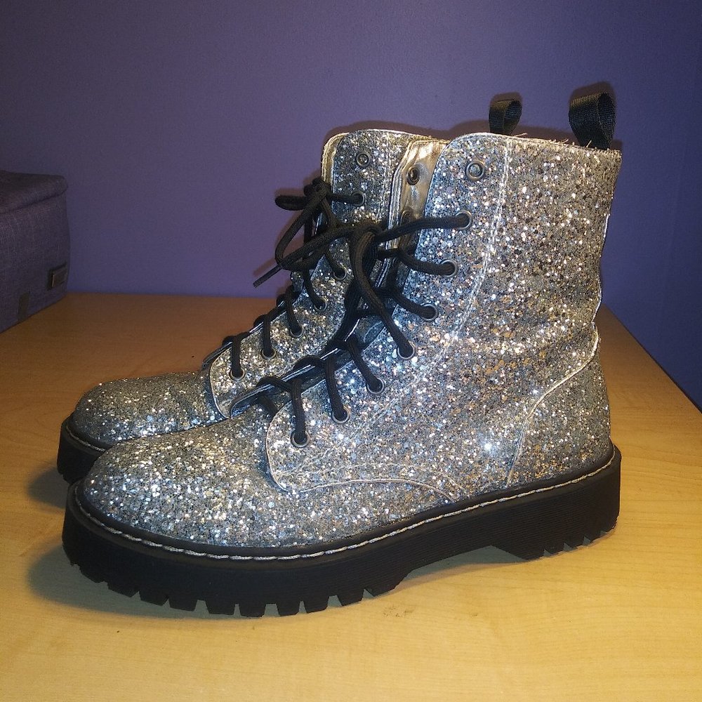Silver glitter combat boots size 10